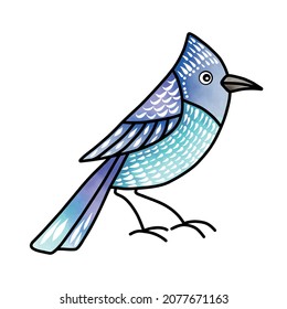 Little cute blue Bird on white background. Hand drawn vector illustration with Watercolor imitation in Cartoon style. Sketch for postcards or icon