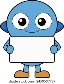 Little cute blue cartoon, button eyes, holding a white sign in two hands