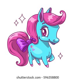 Little cute blue horse with pink hair. Vector childish illustration. Pretty girlish print for t shirt design.