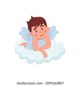 Little cute boy angel in cartoon style with blue dress and golden halo lies on a cloud