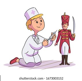 Little cute boy doctor character in white coat uniform doing injection to toy soldier. Kid with syringe for vaccination. Playful pastime at home or kindergarten. Future profession. Vector illustration