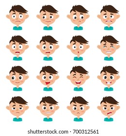 Little Cute Boy Face Expression, Set Of Cartoon Vector Illustrations Isolated On White Background. Set Of Kid Emotion Face Icons, Facial Expressions.