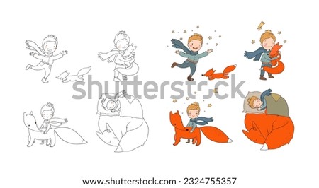 Little cute boy and fox. fairy tale about the prince. kids design.  Illustration for coloring books. Monochrome and colored versions. Vector Foto stock © 