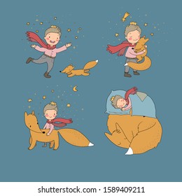 Little cute boy and foxes. fairy tale about the prince. kids design