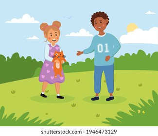 Little cute boy and girl are having fun outdoors with cat. Little children are playing with cat in a park on a hot summer day. Concept of outdoor activity. Flat cartoon vector illustration