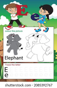 little cute boy and girl holding letter e learn English alphabet with coloring pages elephant illustration