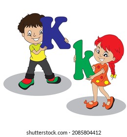 little cute boy and girl holding letter k learn English alphabet illustration