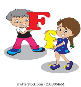 little cute boy and girl holding letter f learn English alphabet illustration