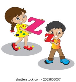 little cute boy and girl holding letter z learn English alphabet illustration