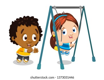 Little cute boy and girl playing together on swing. Concept of kid`s pastime, leisure, hobby, friendship of multiracial children. Cartoon vector illustration isolated on white background.