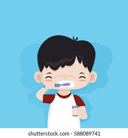 Little cute boy happy to brushing his teeth, vector cartoon