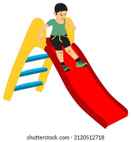 Little Cute Boy Kid Having Fun Setting On Top Of Slide Playing Excitement Game Playground Child Sliding Down Vector Drawing Illustration Concept Outdoor Children Kindergarten Preschool Summer Activity