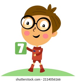 Niño lindo con el número 7 en la tarjeta. Personaje en estilo de dibujos animados para el diseño. Ilustraciones vectoriales, color completo.