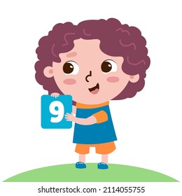 Little cute boy with number 9 on card. Character in cartoon style for design. Vector illustrations, full color.