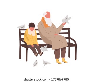 Little cute boy and old bearded male sitting on bench together vector flat illustration. Grandchild and grandfather playing with pigeons isolated. People relaxing outdoor at spring or autumn season