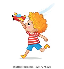 Little cute boy on a white background plays with an airplane. Vector illustration with a child on a children's theme in a cartoon style.