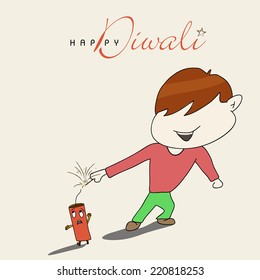 Little cute boy playing with crackers on diwali celebration with beautiful text on white background.