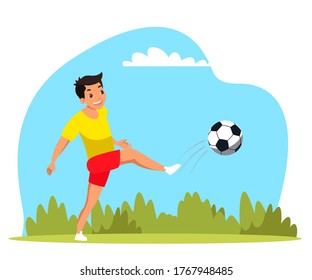 Little cute boy playing football in city park. Kid kicks ball, active sports outdoor, enjoys game. Vector character illustration of competition training, child hobby, healthy lifestyle, childhood