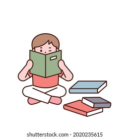 Un niño adorable está leyendo un libro con pilas de libros en el suelo. ilustración simple del vector de esquema.