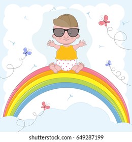 Little cute boy   sitting on the rainbow.
