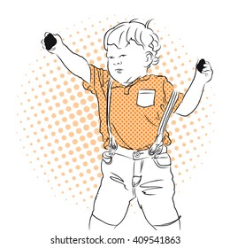 Little cute boy throw rocks. Vector Vintage Hand Drawn Artwork.
