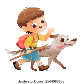 Little cute boy walking with his pet dog, friends going for adventure. Child and dog friends walk together. Cute young boy kid and his puppy. Vector animal character design illustration for children