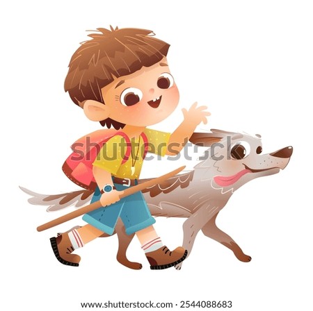 Little cute boy walking with his pet dog, friends going for adventure. Child and dog friends walk together. Cute young boy kid and his puppy. Vector animal character design illustration for children