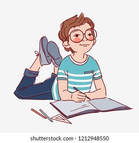 Little, Cute Boy Writing In Notebook