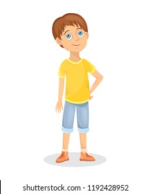 Little cute boy in a yellow T-shirt and shorts. Cartoon style, children's illustration