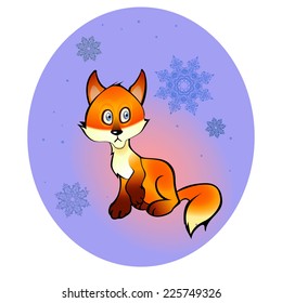 Little cute bright red fox with falling snowflakes on an oval light blue background. Falling snow, beautiful snowflakes. Fairytale winter spirit. Good for e-books, characters, prints, illustration