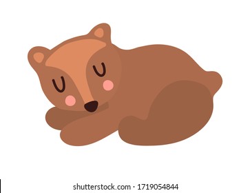 Little cute brown grizzly bear is sleeping sweetly on a white background isolated. Vectron clip-art, printing and design of goods for children and toddlers. Sweet sleep, healthy sleep, dreams