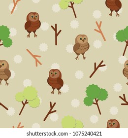 little cute brown owls and pretty trees and branches on light green and white wavy circles background, seamless pattern vector graphics