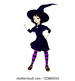 Little cute brunette witch threatens with a finger.
