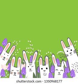 Little cute bunnies in hyacinths and tulip flowers and willow branches. Easter or spring vector greeting card