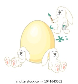Little cute bunnies painting easter egg sleeping and siting