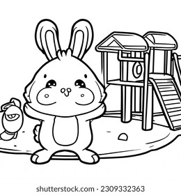 Little cute bunny. Black and white vector illustration for coloring page.