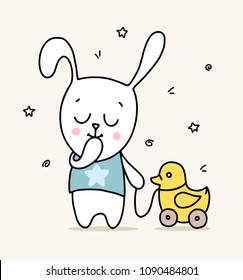 Little cute bunny kid with yellow rubber duck toy. Cartoon vector flat animal illustration card