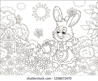 Little cute Bunny watering beautiful flowers on its lawn in front of a small thatched house on sunny Easter day, black and white vector illustration in a cartoon style for a coloring book