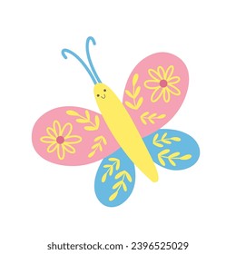 Pequeña mariposa linda con flores sobre las alas. Ilustraciones de vectores para niños. 