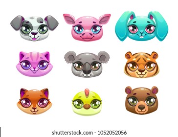 Little cute cartoon animal faces. Vector icons set. Isolated on white background.