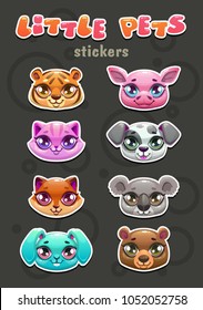 Little cute cartoon animal faces. Vector baby pets icons set. Funny colorful zoo stickers.