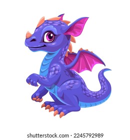 Little cute cartoon baby dragon with wings. Funny fantasy smiling character, young friendly mythical reptile monster, isolated on white background.