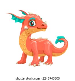 Little cute cartoon baby dragon. Funny fantasy character, young mythical reptile monster, isolated vector icon on white background.