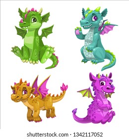 Little cute cartoon baby dragons set. Vector illustration.