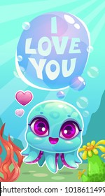 Little cute cartoon baby octopus saying I Love You. Vector underwater illustration. Beautiful greeting card for Velentines Day.