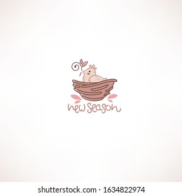 little cute cartoon bird in the nest, doodle line art logo label template with lettering composition