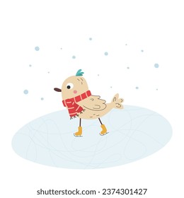 Little cute cartoon bird with scarf on ice skates