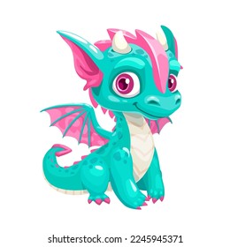 Little cute cartoon blue baby dragon with horns and wings. Funny fantasy character, young mythical reptile monster, isolated vector icon on white background.