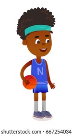 Little cute cartoon boy with ball. Kid emotion vector illustration.