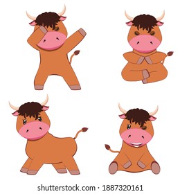 Little cute cartoon brown bull in various poses illustration.